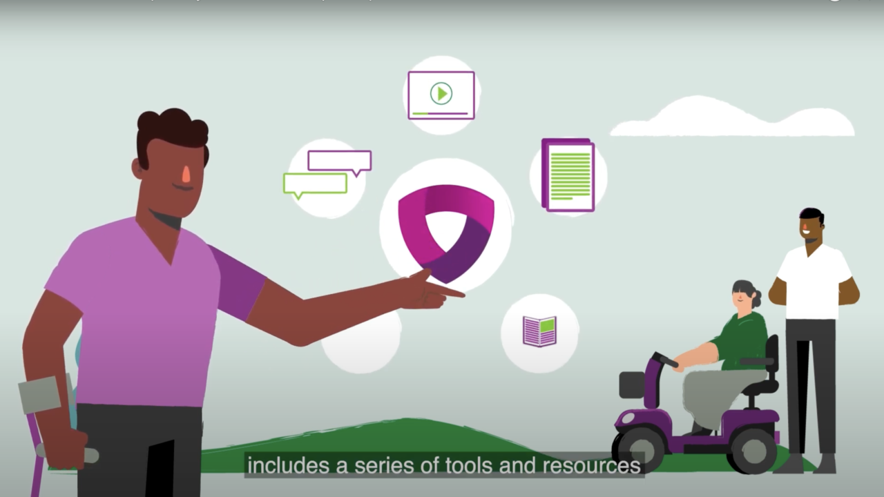 Screenshot of NDIS Commission video showing three animated people, one is a mobility scooter user. The are looking at the NDIS Commission logo, which is a purple shield.